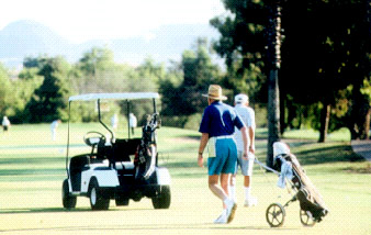 Golfers on a course with cart